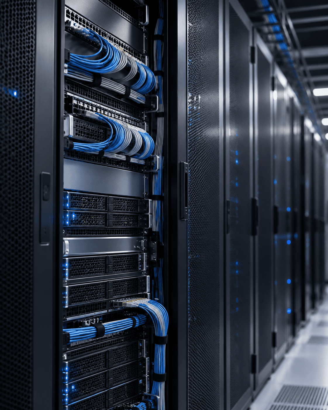 Conceptual image of enterprise server racks and fibre connections