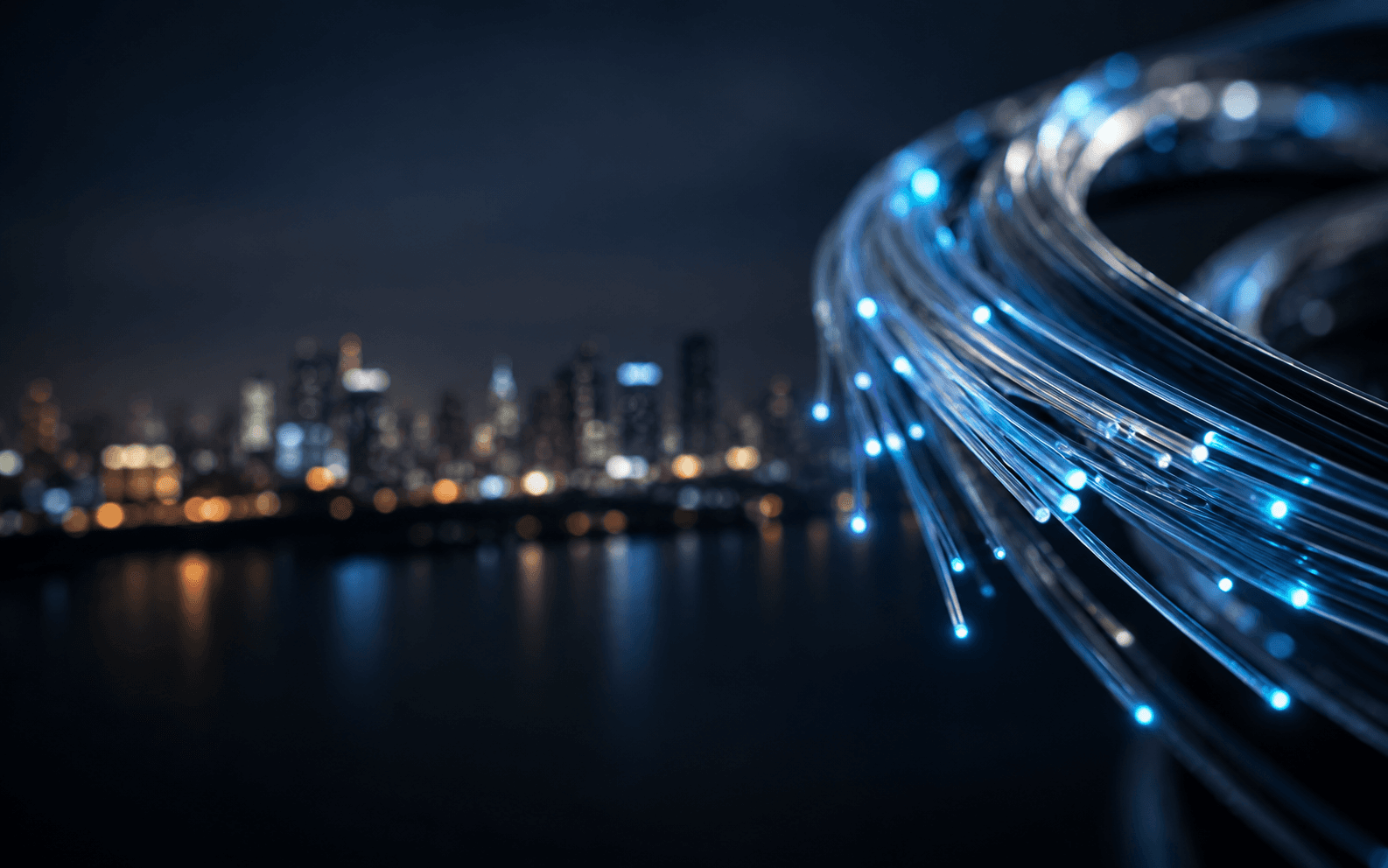 Illuminated fiber-optic strands representing connections across a city